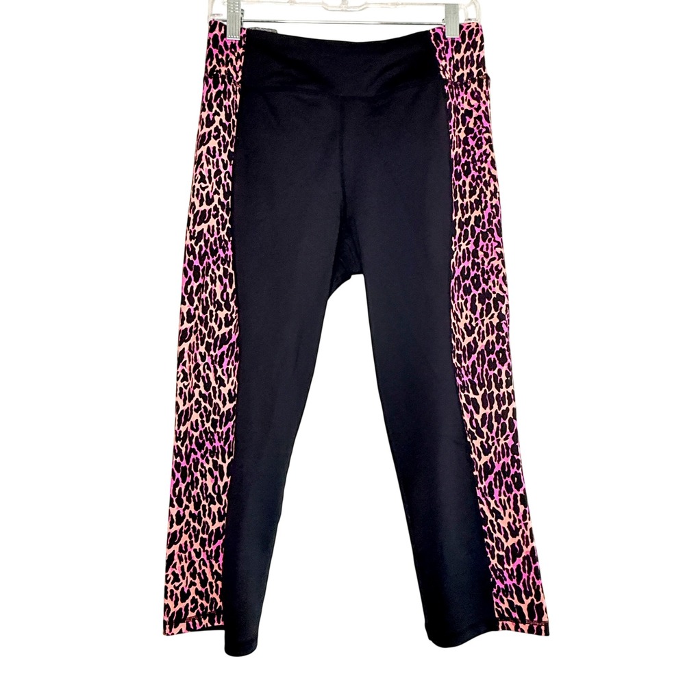 Betsey Johnson Performance Leopard Panel Leggings Large Black Pink Pocket Y2K